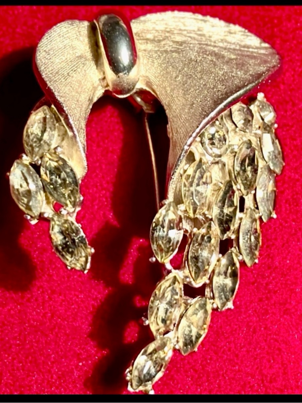 Bsk Vintage Draped Leaf Brooch with Clear Marquise Stones